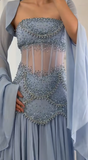 Glam Purple Sheath Tulle Beaded Sleeves Long Prom Dresses HZ1108