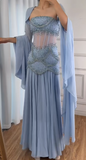 Glam Purple Sheath Tulle Beaded Sleeves Long Prom Dresses HZ1108
