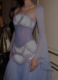 Glam Purple Sheath Tulle Beaded Sleeves Long Prom Dresses HZ1108