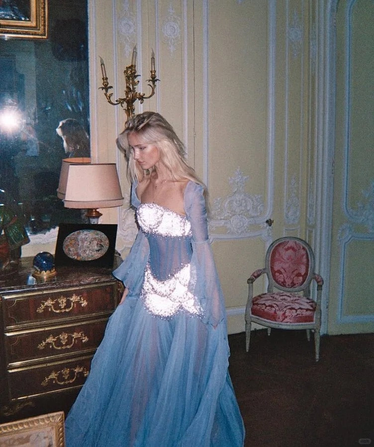 Glam Purple Sheath Tulle Beaded Sleeves Long Prom Dresses HZ1108