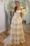 Elegant Ivory Off Shoulder Tulle Lace A-line Wedding Dress HZ1108