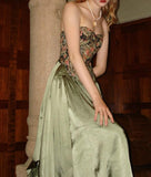Vintage Olive Green Strapless Satin A-Line Bridesmaid Dress Sweet Formal Evening Dress HZ1108