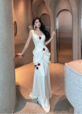 Elegant White Satin Mermaid Off-the-shoulder Long Prom Dresses Simple Formal Evening Dresses HZ1108