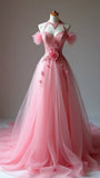 Gorgeous V-neck A-Line Tulle Sleeveless Train Wedding Dresses with Lace Appliques HZ1108