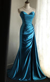 Elegant Satin Mermaid Long Evening Dresses Turquoise Sweetheart Open Back Prom Dresses HZ1108