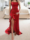 Navy Blue Elegant Spaghetti Straps Party Dress Sheath Satin Evening Dress with Slits HZ1108