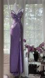 Vintage Purple Chiffon Beaded Sheath Elegant Backless Prom Dresses with Slits HZ1108