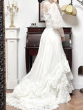 Pretty White A-Line Long Sleeve Tulle Lace Applique Train Vintage Wedding Dress HZ1108