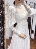 Charming A-Line White Turtleneck Lace Beading Tulle Long Sleeve Vintage Wedding Dress HZ1108