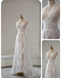 Elegant White Lace Applique Beaded A-line Vintage Wedding Dress HZ1108