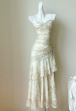 Vintage Print Chiffon Spaghetti Straps Layered Ruffles Prom Dresses HZ1108
