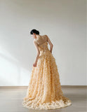 Sweet Yellow A-Line Spaghetti Straps Tulle Applique Beading Wedding Dress Fairytale Long Prom Dresses HZ1108