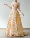 Sweet Yellow A-Line Spaghetti Straps Tulle Applique Beading Wedding Dress Fairytale Long Prom Dresses HZ1108