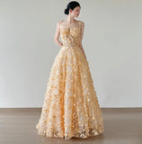 Sweet Yellow A-Line Spaghetti Straps Tulle Applique Beading Wedding Dress Fairytale Long Prom Dresses HZ1108