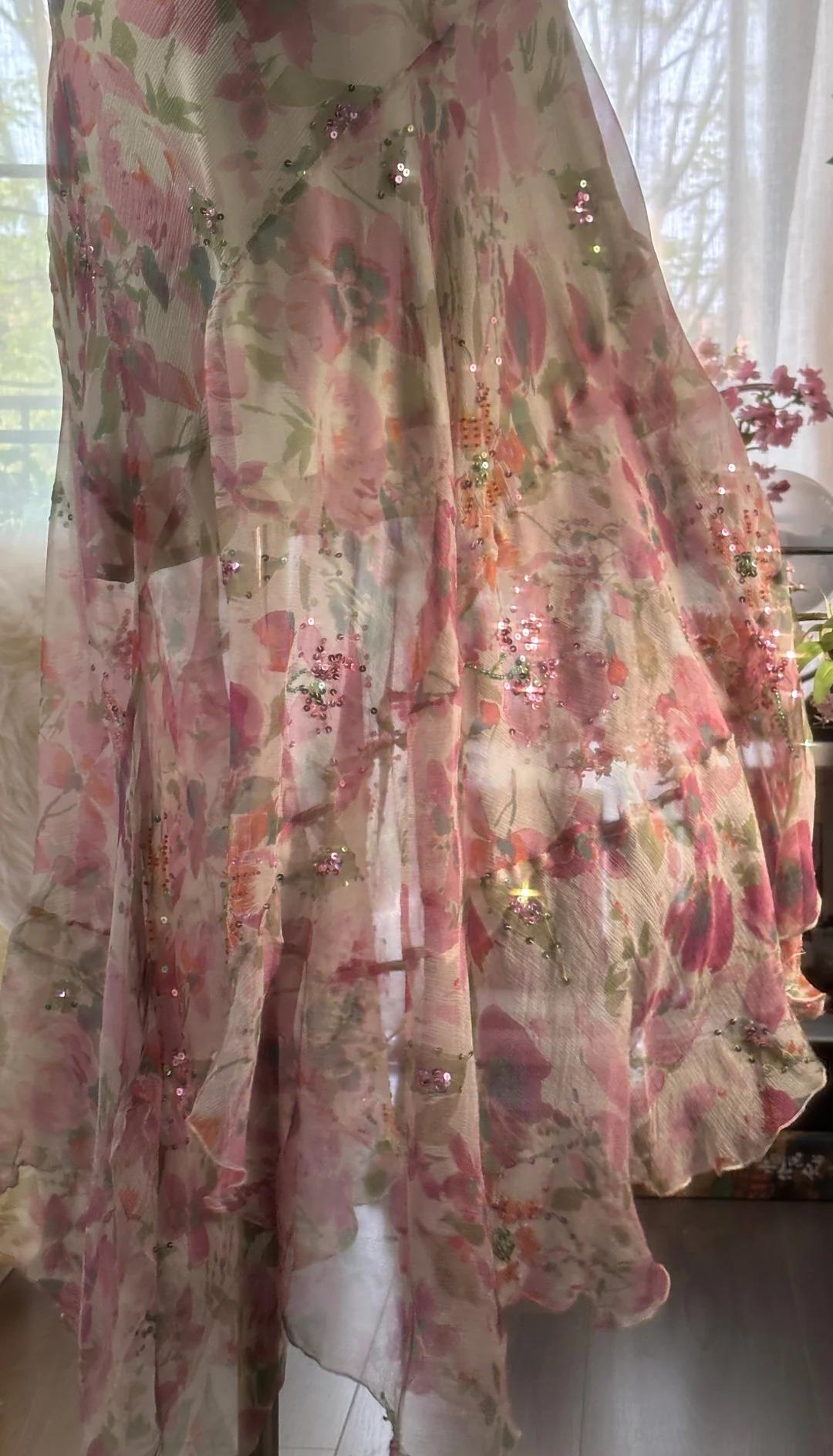 Gentle Printed Chiffon Sequin Mermaid Formal Dresses Spaghetti Strap Vintage Evening Dress HZ1108