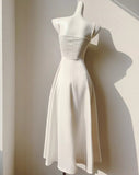 French Light Champagne Spaghetti Strap Satin A-Line Bridal Dress Elegant Wedding Guest Dress HZ1108