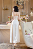 French Light Champagne Spaghetti Strap Satin A-Line Bridal Dress Elegant Wedding Guest Dress HZ1108