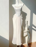 Light Champagne French Pearl Pendant Party Dress Satin Spaghetti Straps Chiffon Birthday Dress HZ1108