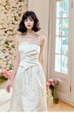 Pretty Moonlight White Strapless A-Line Jacquard Satin Evening Gowns Elegant Birthday Prom Dresses HZ1108