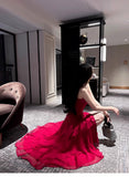 Retro Red Spaghetti Strap Chiffon Ruffles A-Line Prom Dresses Gorgeous Birthday Party Dress HZ1108