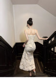 White Elegant 3D Flower Embroidery Spaghetti Straps Mermaid Birthday Party Dress HZ1108