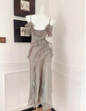 French Elegant Spaghetti Straps Ruffled Tulle Sheath Evening Dress HZ1108
