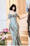 French Elegant Spaghetti Straps Ruffled Tulle Sheath Evening Dress HZ1108
