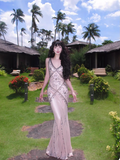 Vintage Beaded Chiffon Sheath Prom Dresses Backless Evening Dresses HZ1108