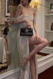 Elegant A-Line Off the Shoulder Evening Gowns Silver Sequins Long Prom Dress with Split Front HZ1108