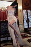 Elegant A-Line Off the Shoulder Evening Gowns Silver Sequins Long Prom Dress with Split Front HZ1108