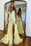 Stunning Lilac Mermaid Spaghetti Straps Silt Prom Dress Backless Lace Applique Evening Dress with Ruffles HZ1108