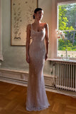 Bling Champagne Sheath Spaghetti Straps Mermaid Sequins Long Prom Dress for Party&Special Events HZ1108