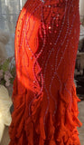 Elegant Red Spaghetti Strap Chiffon Ruffle Beaded Sheath Long Prom Dresses HZ1108