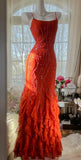 Elegant Red Spaghetti Strap Chiffon Ruffle Beaded Sheath Long Prom Dresses HZ1108