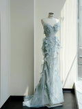 Sweetheart Neck Mermaid Tulle Sequins Elegant Long Prom Dresses Exquisite Embroidery Applique Train Wedding Dress HZ1108