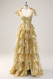 Gorgeous Gold V-neck Glitter Satin Layered A-Line Prom Dresses Sweet Formal Evening Dress HZ1108
