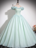Mint Green A-line Off-shoulder Organza Beaded Long Prom Dress, Sweet 16 Dress HZ1108