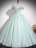 Mint Green A-line Off-shoulder Organza Beaded Long Prom Dress, Sweet 16 Dress HZ1108