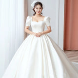 New Luxury Satin Wedding Dress Pure White With Train Simple Bridal Ball Gown Plus Size Custom Made Lace Up Vestido De Noiva