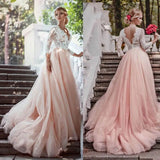 Sleeves Pink Wedding Dresses V Neck Lace Appliques Sweep Train A Line Open Back Bridal Gowns Married Vestidos de Noivas