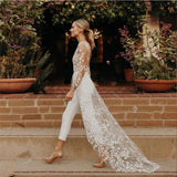 Sexy Tulle Wedding Jumpsuit With Sweep Train Elegant Long Sleeves Scoop Neck Lace Appliques Open Back Pants Suits For Bride