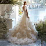 Champagne Princess Lace Flowers Beach Wedding Dresses Sexy Backless Deep V-Neck Glitter Tulle Bridal Gowns vestido de novia