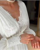 Vintage Boho Lace Chiffon Wedding Dresses Puff Long Sleeves V Neck Bohemian Bride Gowns Floor Length Elegant Bridal Dress