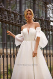 A Line Organza Wedding Dresses with Detachable Flare Sleeves Sexy Pleated A Line Floor Length Bridal Gowns