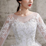 Summer Korean Light wedding dress Vestidos De Novia off white bride O-neck dream princess simple Long Sleeve Lace appliques