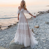 Wedding Dresses Tempting Nude Champagne V Neck Chic Sleeves Straps Ruffles Lace A Line Backless Bridal Gowns