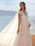 V-neck Cap Sleeve Pregnant Wedding Dresses Bohemian Sexy Empire Waist Open Back A Line Floor Length Tulle Bridal Gowns