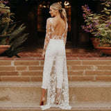Sexy Tulle Wedding Jumpsuit With Sweep Train Elegant Long Sleeves Scoop Neck Lace Appliques Open Back Pants Suits For Bride