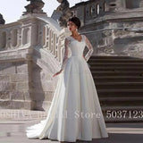 A Line Wedding Dresses with Lace Long Sleeves Sweetheart Zipper Back Floor Length Pleated Satin Robe de Mariage