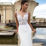 Mermaid Wedding Dresses 2023 Sheer O-Neck Sleeveless Lace Appliques Sweep Train Chiffon Bridal Gown With Button Back